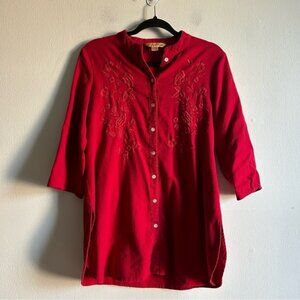 April Cornell Sz M Red Embroidered Button Front Blouse